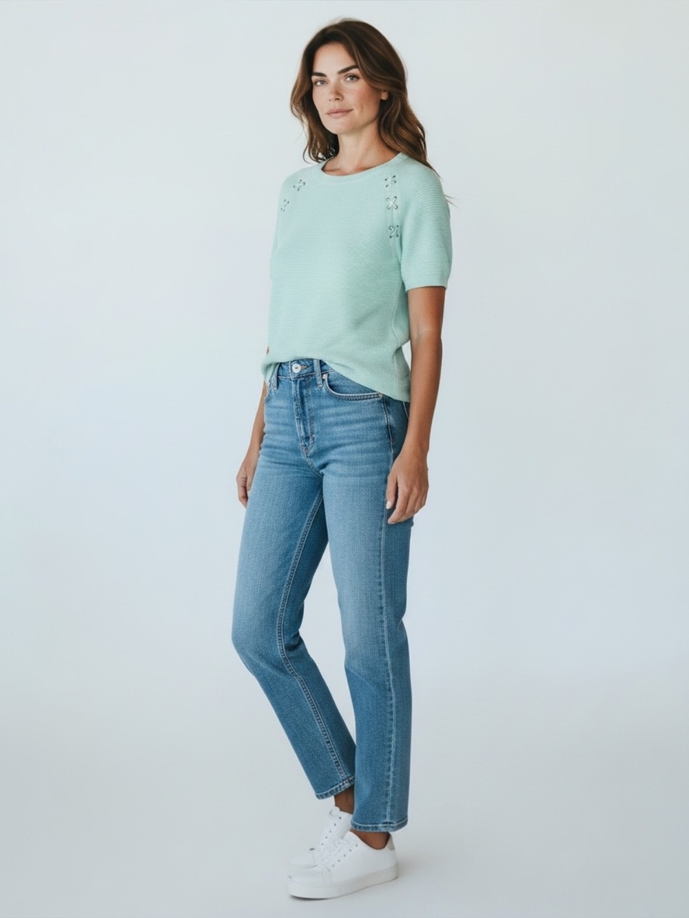 Talbots Soft Cotton Ribbed Knit Lace Up Short Sleeve Tunic Sweater M (8/10) Aqua